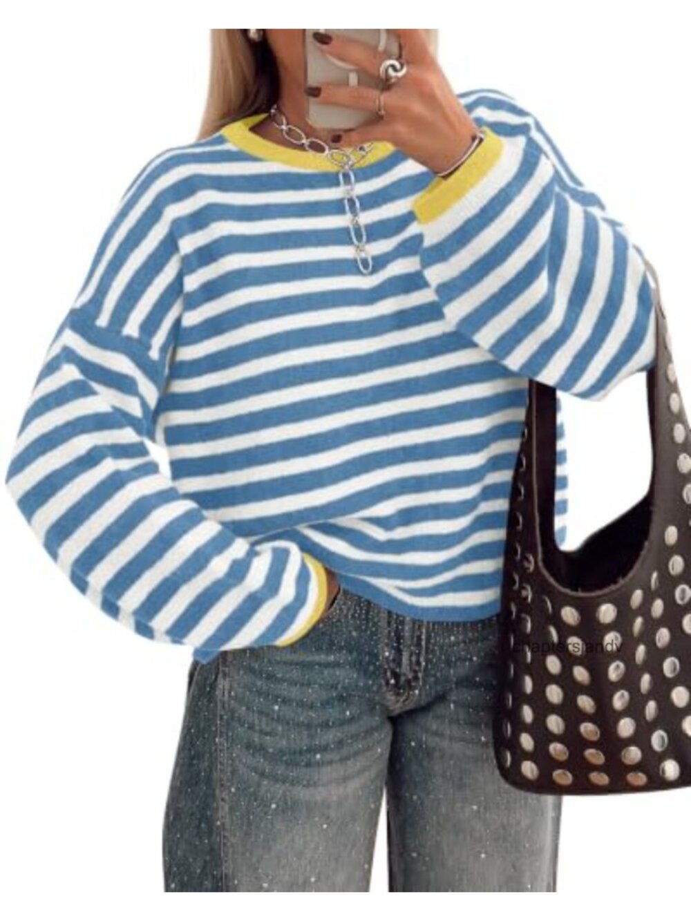 Oversized Striped Knit Crewneck Pullover Sweater for Women, Y2K Color Block